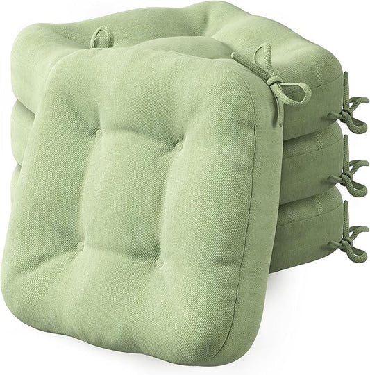 Codi Dining Chair Cushions 4 Pack, Thick Chairs Pads for Indoor Kitchen Room - Washable, Non-Slip Memory Foam Seat Cushion with Ties, 16.5"x16.5"x 3.5", Set of 4, Sage