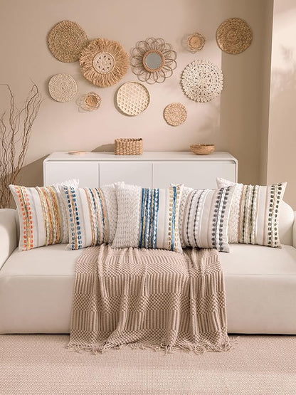 Boho Chenille Tufted Couch Throw Pillow Covers 18x18 Inch Set of 2 Farmhouse Striped Decorative Pillow Covers Accent Neutral Square Pillowcase Blue Cushion Covers for Livingroom Sofa Bed