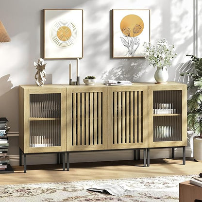 Farmhouse TV Stand for TVs up to 70 Inch, Entertainment Center TV Console with Storage Cabinets and Glass Doors,Media Console for Living Room,Oak