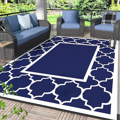 GENIMO 6' x 9' Outdoor Rug Waterproof for Patio Fall Decor, Foldable Reversible Plastic Straw Area Rugs Mat for Camper, Outside Carpet for Rv, Deck, Porch, Picnic, Beach, Balcony, Blue & Grey