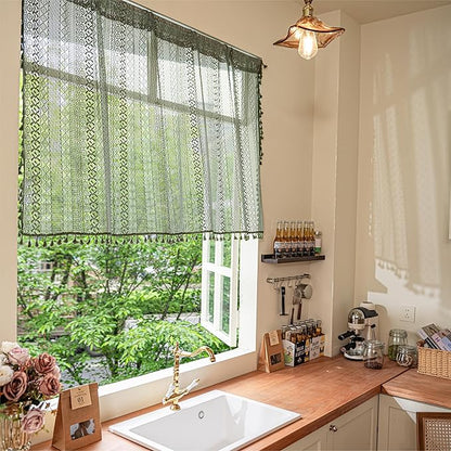 Sutuo Home Boho Valance Curtains for Kitchen Cafe,Crochet Lace Sheer Bohemian Hollow Knitted with Tassels, Privacy Vintage Rustic Farmhouse Drapes, Rod Pocket 1 Panel 59" W x 18" L, Olive Green