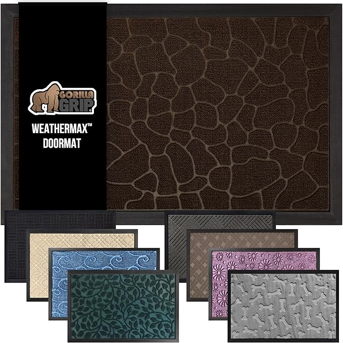 GORILLA GRIP 100% Waterproof All-Season WeatherMax Doormat, US Designed Natural Rubber, Stain and Fade Resistant, Low Profile Indoor Outdoor Door Mats, Easy Clean Patio Mat, 17x29, Dark Brown Pebble