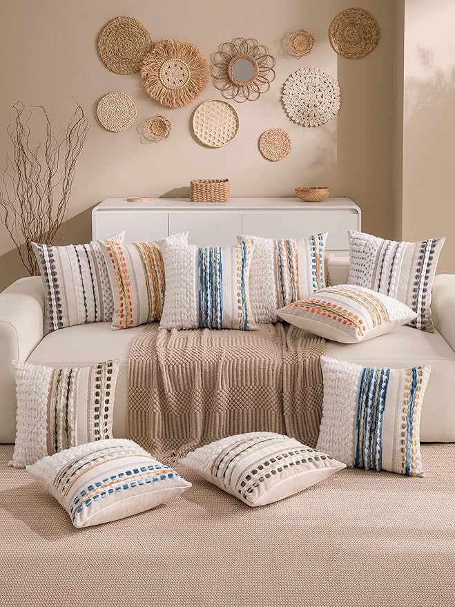 Boho Chenille Tufted Couch Throw Pillow Covers 18x18 Inch Set of 2 Farmhouse Striped Decorative Pillow Covers Accent Neutral Square Pillowcase Green Cushion Covers for Livingroom Sofa Bed