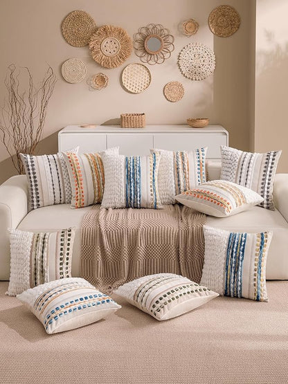 Boho Chenille Tufted Couch Throw Pillow Covers 18x18 Inch Set of 2 Farmhouse Striped Decorative Pillow Covers Accent Neutral Square Pillowcase Green Cushion Covers for Livingroom Sofa Bed