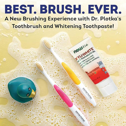 MOUTHWATCHERS Soft Kids Toothbrush, 2 Manual Flossing Toothbrushes and 2 Strawberry Fluoride Free Toothpastes, 3 oz, Gift Set, by Dr. Plotka's