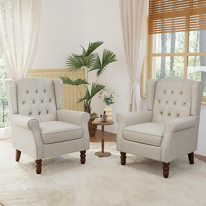 Lumibee High Back Accent Chair Set of 2,Upholstered Wingback Armchair with Solid Wood Legs for Small Spaces,Comfy Single Sofa Chair for Living Room,Bedroom,Office-Beige