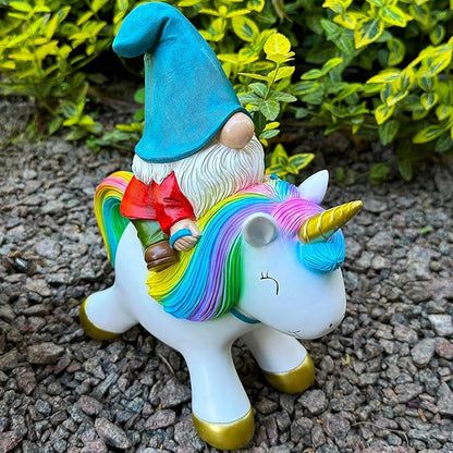 Mood Lab Garden Gnome Statue - Garden Gnome Riding Unicorn - 8.3 Inch Tall Lawn Figurine - for Outdoor or House Decor - Funny Yard & Patio Decoration