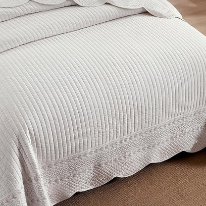 MarCielo 100% Cotton Quilt Set White Lightweight Bedspread with Scalloped Edge, Farmhouse Vintage Bedding, All Season Use(TC Off-White,Queen (96"x102"))