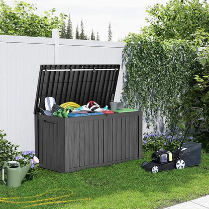150 Gallon Deck Box,Resin Outdoor Storage Box with Lockable for Patio Furniture, Pool Accessories, Garden Tools Waterproof Outside Storage Box, Black
