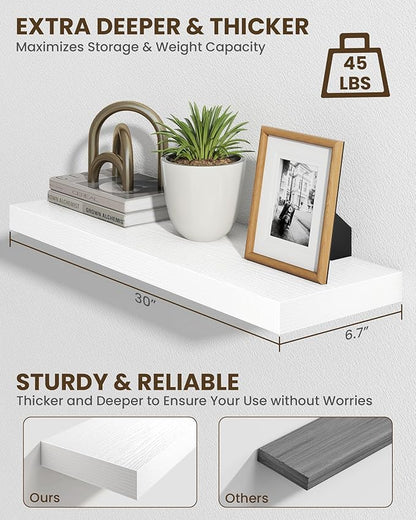 Marsmiles 30" Floating Shelves for Wall, Wooden Shelves with Invisible Brackets Set of 2, Rustic Farmhouse Wall Mounted Shelf for Kitchen Bathroom Living Room Study, White