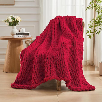 Carriediosa Chunky Knit Throw Blanket 60" X 80" Twin, 100% Hand Made Large Chenille Loop Yarn Soft Fluffy Throws for Couch Sofa Bed, Big Crochet Cozy Heavy Thick Cable Woven Blankets, Red