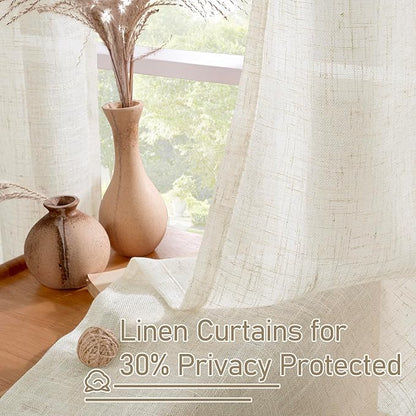LAMIT Sheer Linen Curtains 63 inches Length, Light Filtering Panels Bronze Grommet Linen Textured Neutral Drapes for Kitchen/Bedroom, Natural, 2 Panels, 34 x 63 Inch