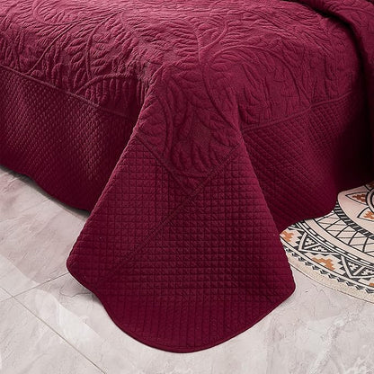 MarCielo 3-Piece 100% Cotton Oversized Bedspread Lightweight Quilt Coverlet Embroidery Farmhouse Bedding Set T0 (Wine Burgundy, Oversized Queen (100"x106"))