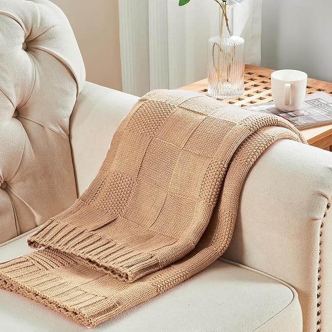 CozeCube Check Knit Throw Blanket, Beige Checkered Throw for Couch, Decorative Christmas Soft Cozy Warm Knitted Blanket for Bed Sofa Living Room, 50"X60"