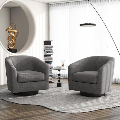 Swivel Barrel Accent Chair, Modern Round Linen Arm Chair for Living Room, Bedroom, Comfy Club Reading Chairs for Adults（Linen Fabric, Grey, Set of 2