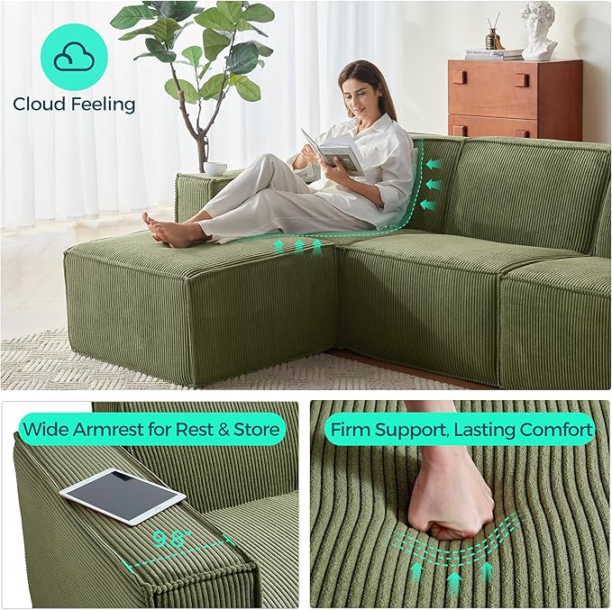 LINSY HOME Modular Sectional Sofa, 134" Boneless Couch U Shaped 4-Seat Sofa with 2 Movable Ottomans, Corduroy Sectional Cloud Couches for Living Room, No Assembly Required, Green