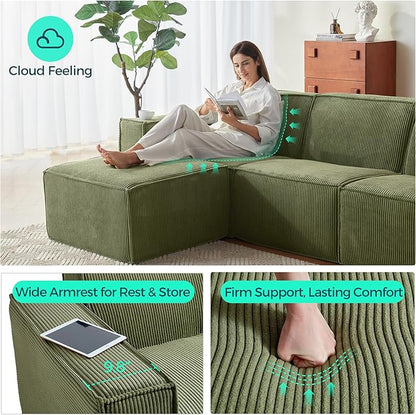 LINSY HOME Modular Sectional Sofa, 134" Boneless Couch U Shaped 4-Seat Sofa with 2 Movable Ottomans, Corduroy Sectional Cloud Couches for Living Room, No Assembly Required, Green