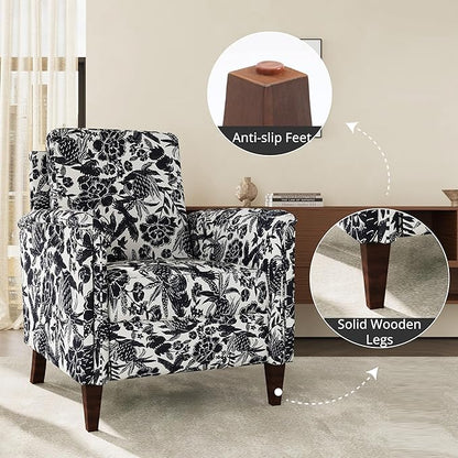 Floral Accent Chair, High Back Upholstered Armchair with Solid Wooden Legs, Padded Armrest and Removable Comfortable Cushioned Seat Single Sofa for Living Room, Bedroom, Black