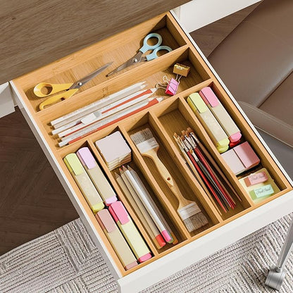 BAMEOS Bamboo Silverware Drawer Organizers, 11.9 inch Utensil Drawer Organizer for Kitchen Drawers, 7 Slots Total Large Flatware Organizer for Knives Cutlery Spoons Forks (Natural)