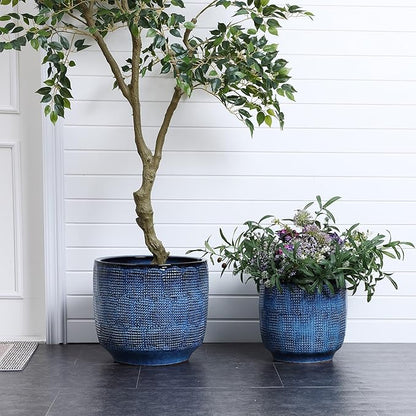 LuxenHome 12" Dia Large Ceramic Pots for Plants, Ocean Blue Glazed Planters for Outdoor Plants, Round Indoor Flower Pots with Drainage Hole and Rubber Plug for Home Garden Patio