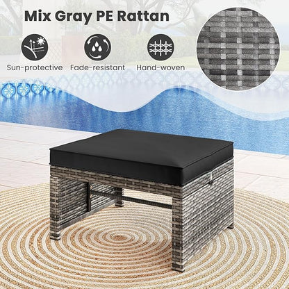 Tangkula 2 Pieces Patio PE Rattan Ottomans, Multipurpose Outdoor Footstool Footrest Additional Seating Side Table with Soft Zippered Cushions for Deck, Garden, and Yard (Black)