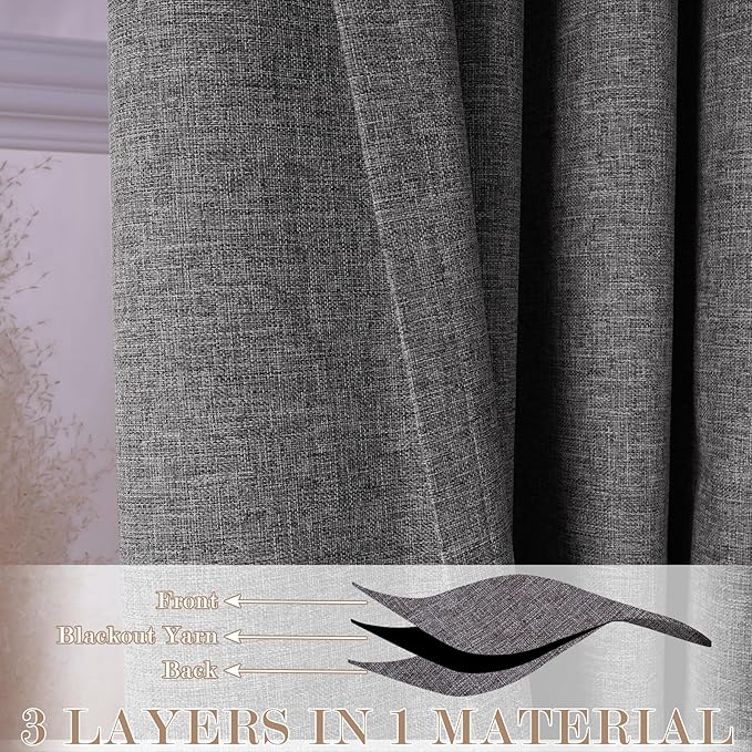 Natural Grey Pinch Pleat 100% Blackout Drapes Linen Blend, Room Divider, Room Darkening, Energy Saving, Furniture Protecting, Light Blocking Extra Wide Privacy Curtains, 200Wx108L, 1 PC