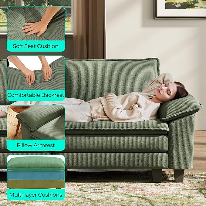 LINSY HOME Modular Sectional Sofa - 157'' Oversized Corduroy Cloud Couch U Shaped Couch with Movable Ottoman Soft Modern Comfy Sofa for Living Room Apartment Office, Green