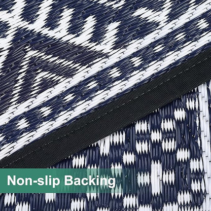 GAOMON Outdoor Rug Waterproof 8'x10', Reversible Outdoor Plastic Straw Rug, Boho Patio Rug, Indoor Outdoor Carpet, RV Mat Outside for Patio, Camp, Picnic, Balcony, Deck, Dark Blue/White(Bohemia)