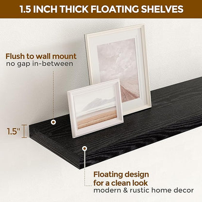 40 Inch Floating Shelves Black, 40" W x 9" D Floating Shelf Set of 2, Farmhouse Wood Wall Shelves for Bedroom, Kitchen, Wall Mounted Deep Shelving for Home Decor