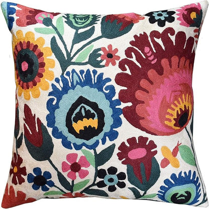 Polish Floral Decorative Pillow Cover Hand Embroidered Cream Flower Pillowcase White Botanical Traditional Outdoor Cushion Suzani Chair Pillowsham Couch Wool 18x18 Inch