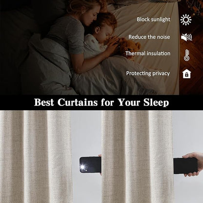 RAIN CITY Linen Blackout Curtains 108 in Long 2 Panels,Total 100 in Wide Elegant Sunroom Completely Shaded Drapes for Sliding Door Back Tab Pleated Heading Tape with Hooks, Beige 50x108