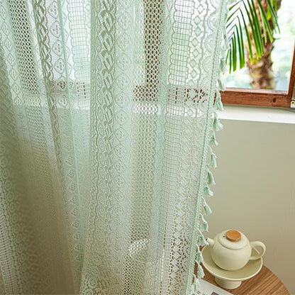 Sutuo Home Boho Curtains for Bedroom Dining Room, Bohemian Crochet Lace Hollow Knitted Handmade Tassels Vintage Rustic Window Treatment Farmhouse Drapes, 1 Panel Rod Pocket 59" W x 96" L, Mint Green
