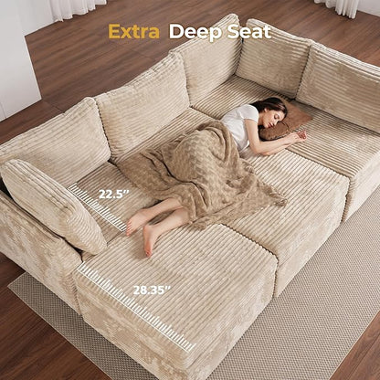 HOOOWOOO Modular Sectional Sofa,8 Pieces Sectional Couches for Living Room,131X98 L Shaped Cloud Couch with Ottoman Chaise Set(Beige Velvet Corduroy)