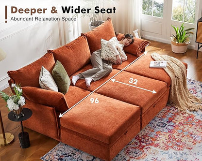 102.6" U Shaped Modular Sectional Sofa, 5 Seater Couch with Storage Ottoman Deep Seat and High Backrest with Removable Cover for Living Room, Apartment - Chenille Terracotta Orange