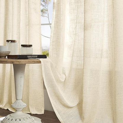 LAMIT Beige Linen Sheer Curtains 90 inch for Living Room, Soft Thick Bronze Grommet Light Filtering Boho Window Textured Neutral Drapes for Bedroom Farmhouse, 2 Panels Set, 52 x 90 Inch