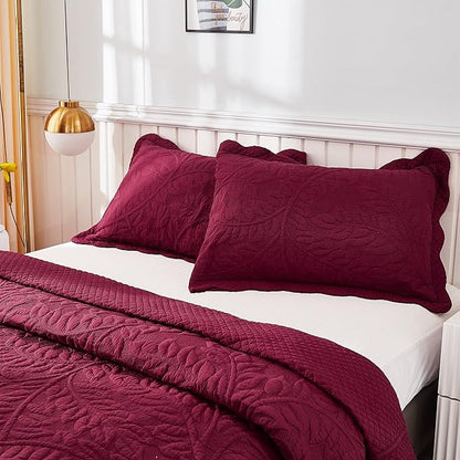 MarCielo 3-Piece 100% Cotton Oversized Bedspread Lightweight Quilt Coverlet Embroidery Farmhouse Bedding Set T0 (Wine Burgundy, Oversized King (118"x106"))
