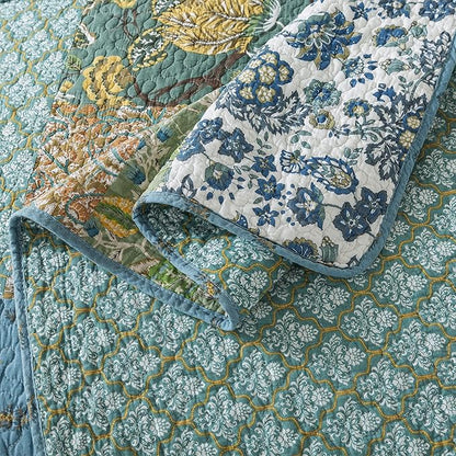 NEWLAKE Cotton Patchwork Bedspread, 3-Piece Bedding Quilt Set with Real Stitched Embroidery, Reversible Matelasse Bed Coverlet Set,Green Farmhouse Garden,Queen Size
