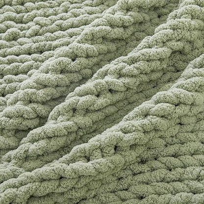 WESHIONGOO Chunky Knit Blanket Throw 40"×40" Knit Throw Blanket for Couch Bed Throw Blanket with Jumbo Chenille Yarn Thick 100% Handmade (Sage Green)