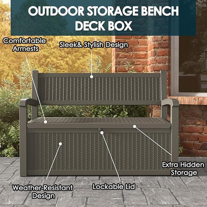 70 Gallon Storage Bench Deck Box for Patio Furniture with Armrest Bench Outdoor Storage