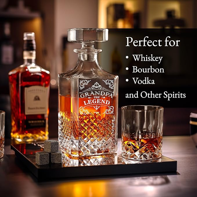 Luxury Gift For Men - Grandpa The Legend - Unique Engraved Whiskey Decanter Set For Beloved Grand Father or Dad Christmas, Birthday Gift – 4 Whiskey Glasses And Decanter Set for Whisky, Bourbon Ets.