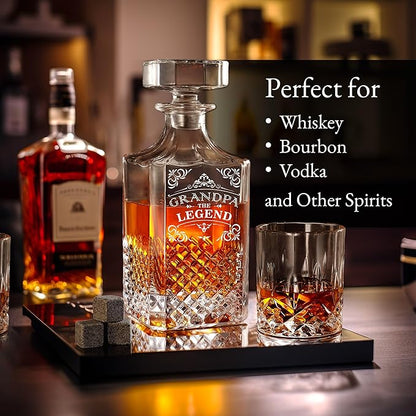 Luxury Gift For Men - Grandpa The Legend - Unique Engraved Whiskey Decanter Set For Beloved Grand Father or Dad Christmas, Birthday Gift – 4 Whiskey Glasses And Decanter Set for Whisky, Bourbon Ets.