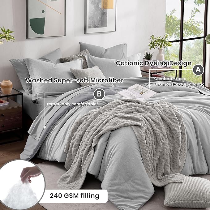 Monbix King Size Comforter Set, Grey Bed Set Reversible, King Size Comforter Set 7 Pieces, Cationic Dyeing Bed in a Bag with Comforter, Sheets, Pillowcases & Shams