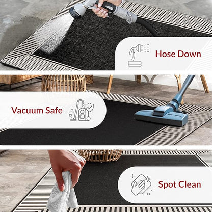 nuLOOM 9'6" x 12' Outdoor Area Rug, Casual Design With Striped Border, Stain Resistant, Highly Durable, For Patio, Balcony, Bedroom, Living Room, Dining Room, Bathroom, Black