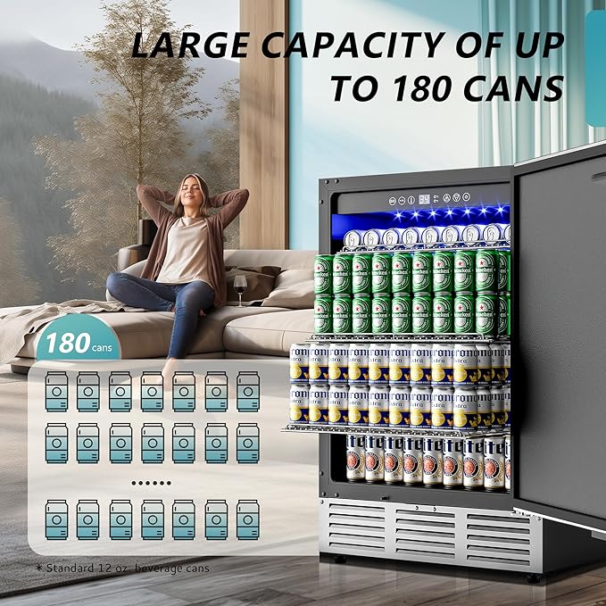 EUHOMY 24 Inch Beverage Refrigerator, Built-in and Freestanding Beverage Cooler 180 Can, Under Counter Beverage Fridge with Stainless Steel Door, Outdoor Refrigerator for Soda, Beer, Wine