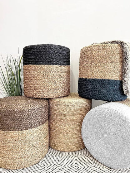Jute Pouf Ottoman | Footrest Pouf | Hand Braided - Round Boho Pouffe - for Living Room, Bedroom, Nursery (16"x16"x16") Grey