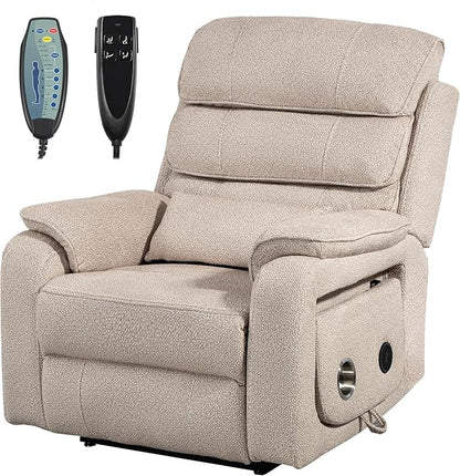 Power Lift Recliner Chair for Adults Elderly Lay Flat Velvet Recliners with Massage Heating, Extended Footrest, Wireless Charging Device, USB Ports, Cup Holder, Lumbar Pillow