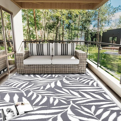 OLANLY Waterproof Outdoor Rug 5x8 ft, Reversible Outdoor Plastic Straw Rug with Leaf Pattern, RV Mat, Indoor Outdoor Carpet for Patio, Camping, Balcony, Deck, Backyard, Grey & White