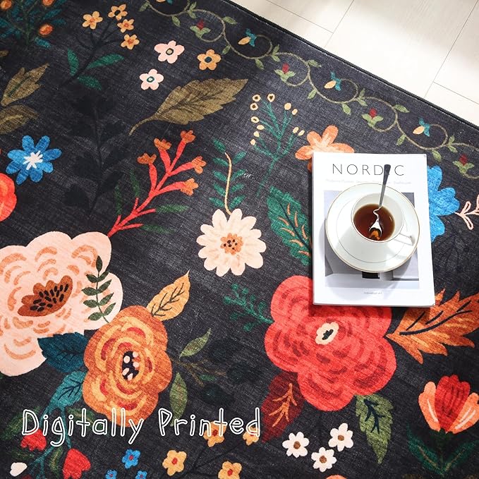 Round Rug 4ft Washable Circle Rug Non Slip Low Pile Boho Floral Small Circular Rug for Bedroom, Bathroom, Entryway, Kids Room, Office, College Dorm(Black)