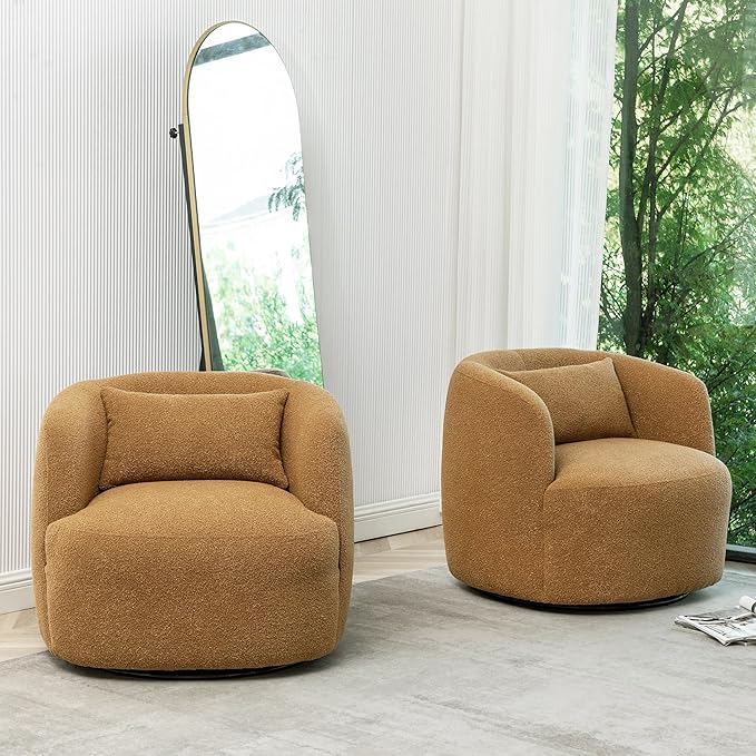 KINWELL 34" Wide Boucle Swivel Barrel Chairs Set of 2, No Assembly Round Upholstered Armchairs Accent Chairs Single Sofa Chair with Toss Pillow for Living Room and Bedroom, Brown