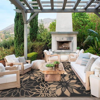 GENIMO Outdoor Rug Waterproof for Patio Decor, 9' x 12' Reversible Plastic Straw Floral Camping Carpet, Large Area Rugs Mats for RV, Camper, Deck, Balcony, Porch, Beach, Picnic, Black & Brown